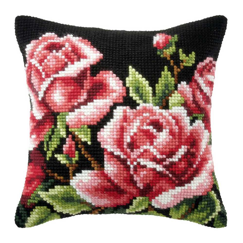 Orchidea Cross Stitch Kit- Cushion- Large- Roses on Black Background  ~ ORC.9117