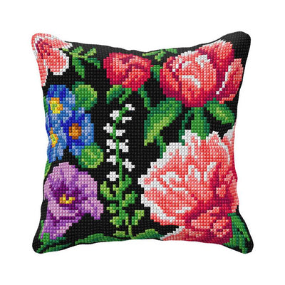 Orchidea Cross Stitch Kit- Cushion- Flowers on Black Background