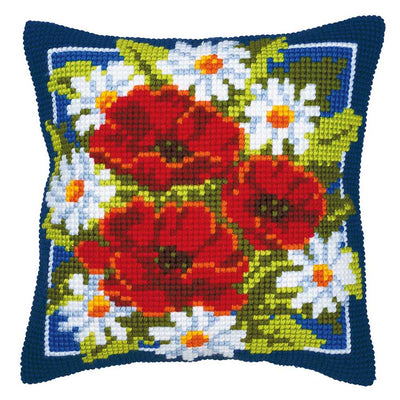 Poppies (Blue Background) Cushion Front Cross Stitch Kit Vervaco