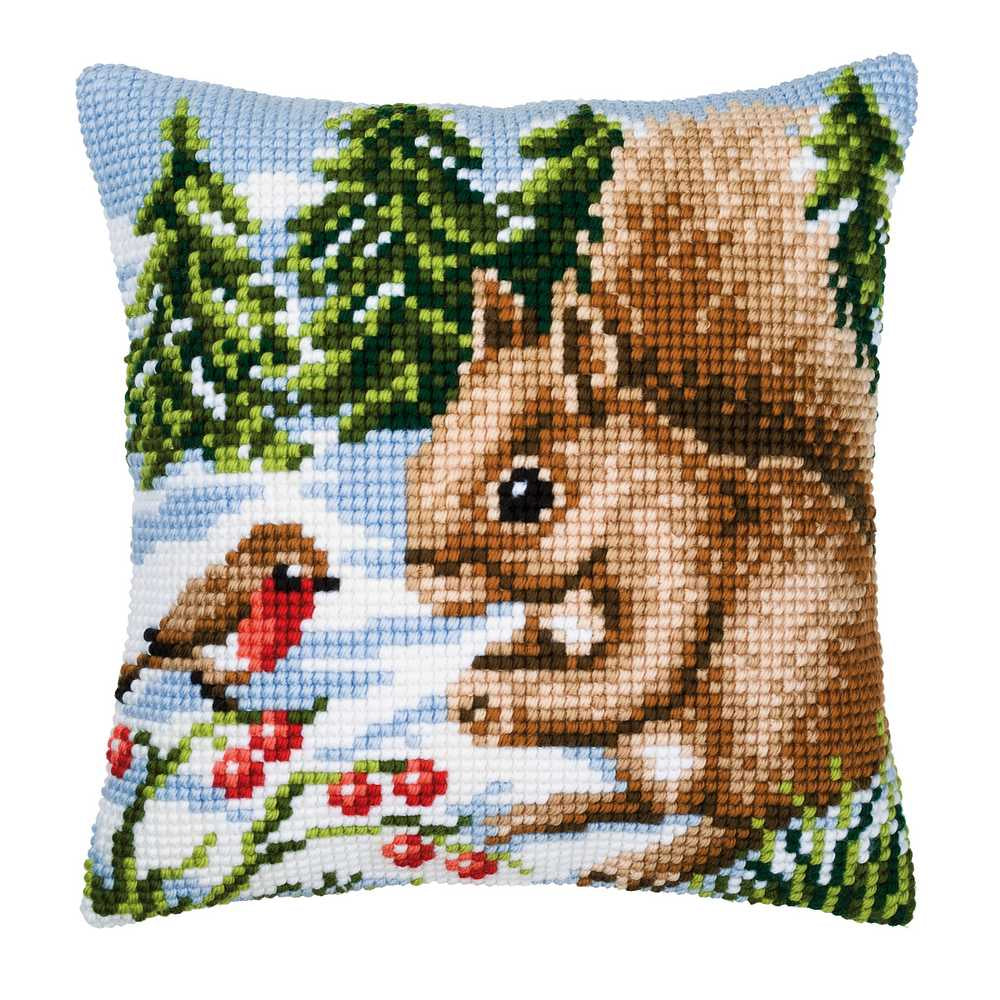 Winter Scene Squirrel/Robin Cushion Front Cross Stitch Kit Vervaco