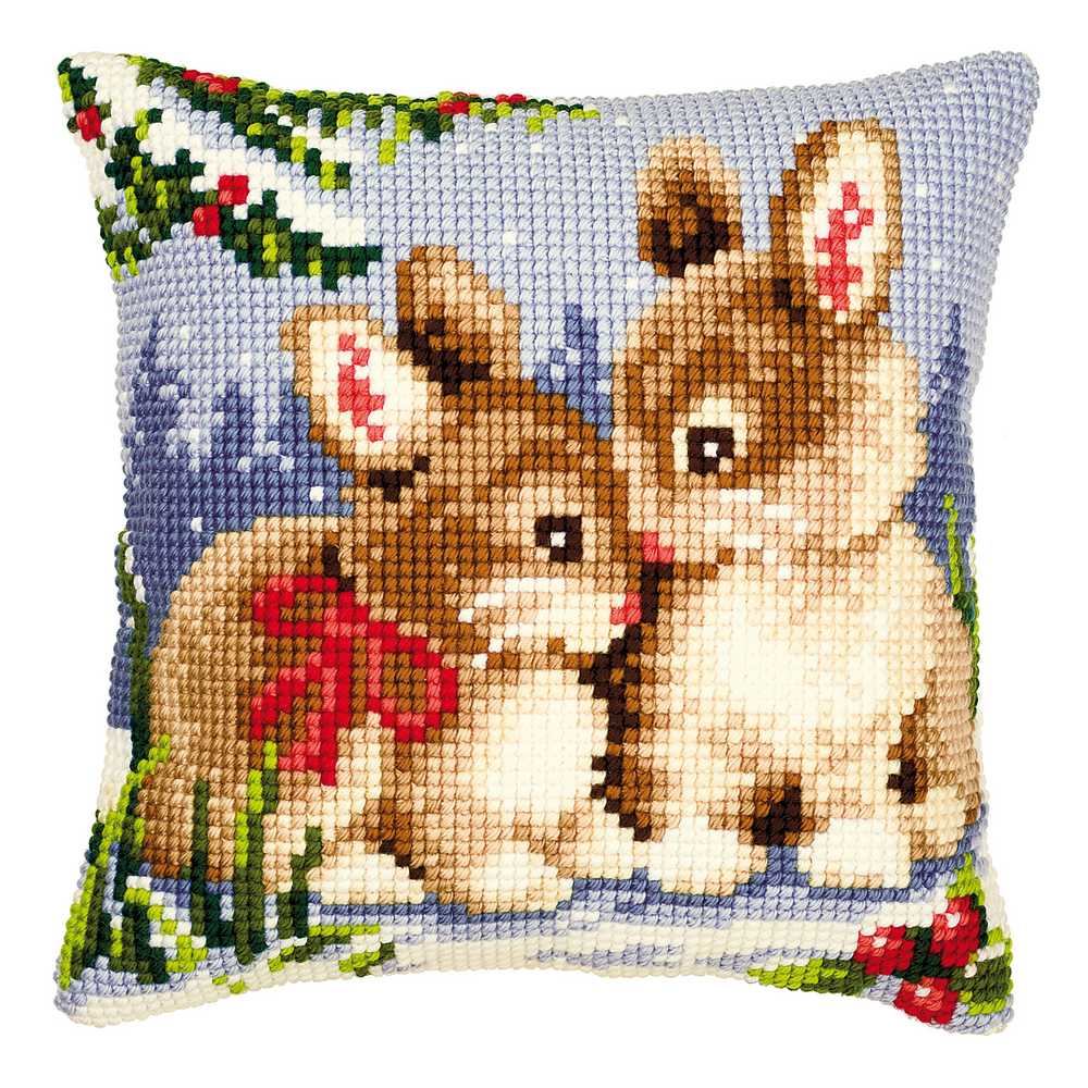 Winter Scene Bunnies Cushion Front Cross Stitch Kit Vervaco