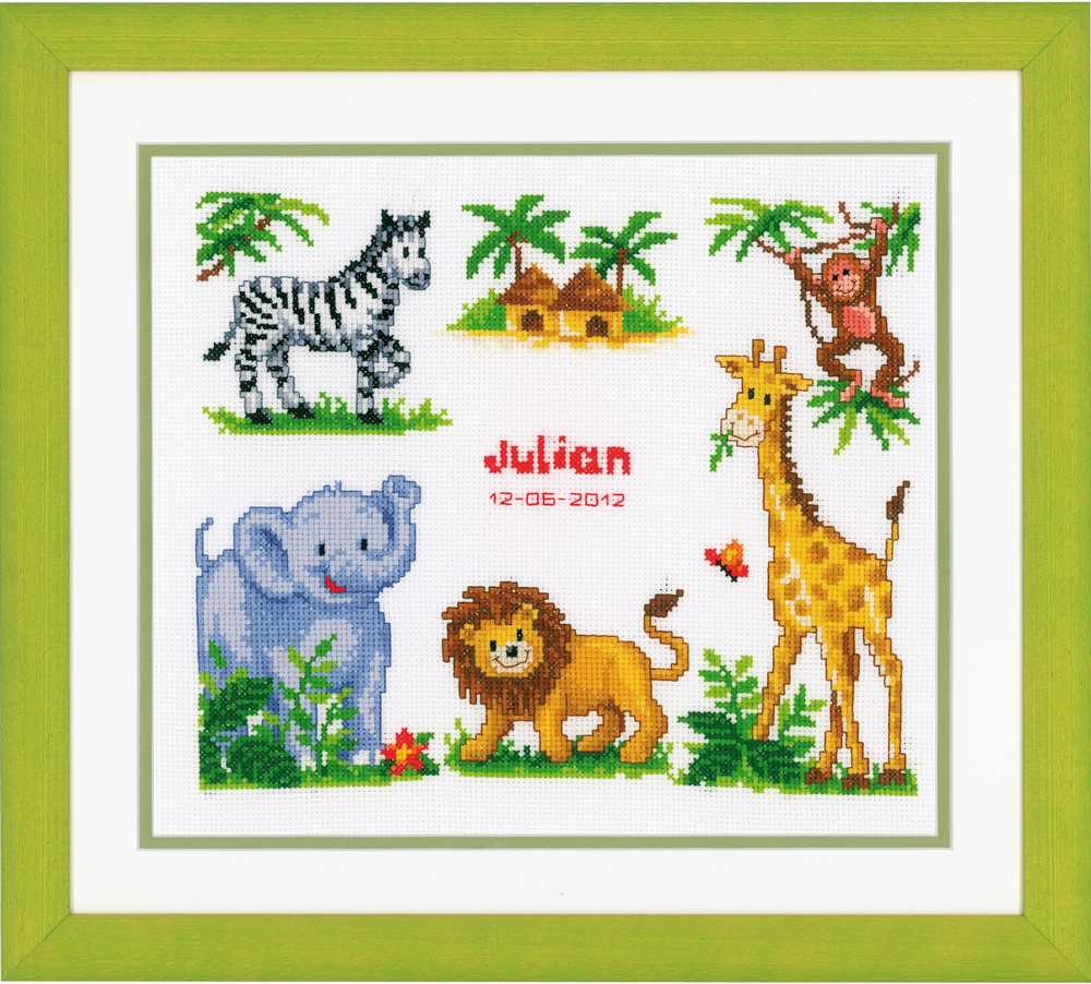 Birth Sampler Zoo Animals Cross Stitch Kit Vervaco