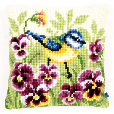 Blue Tit on Pansies Cushion Front Cross Stitch Kit Vervaco