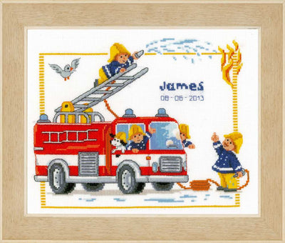Fire Engine Birth Sampler Cross Stitch Kit Vervaco