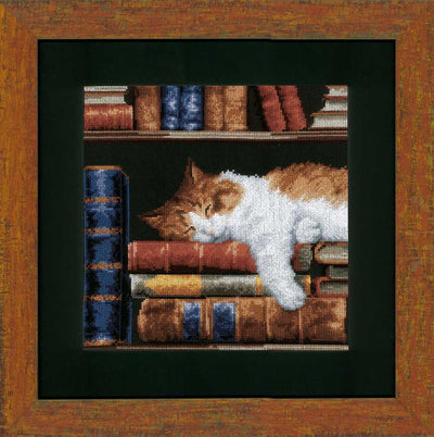 Vervaco Cross Stitch Kit - Cat Sleeping on Bookshelf