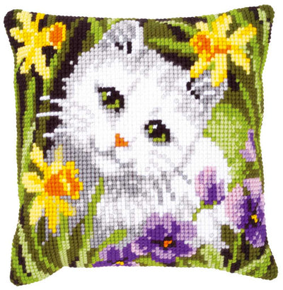 White Cat in Daffodils Cushion Front Cross Stitch Kit Vervaco