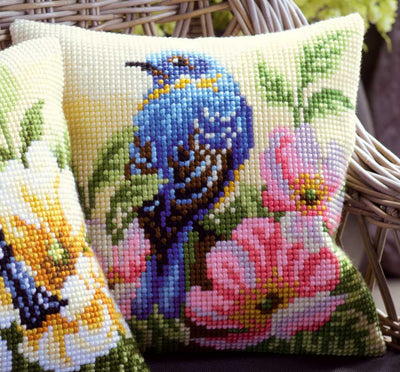 Bird on Rose Bush Cushion Front Cross Stitch Kit Vervaco