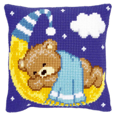 Teddy on the Moon Blue Cushion Front Cross Stitch Kit Vervaco