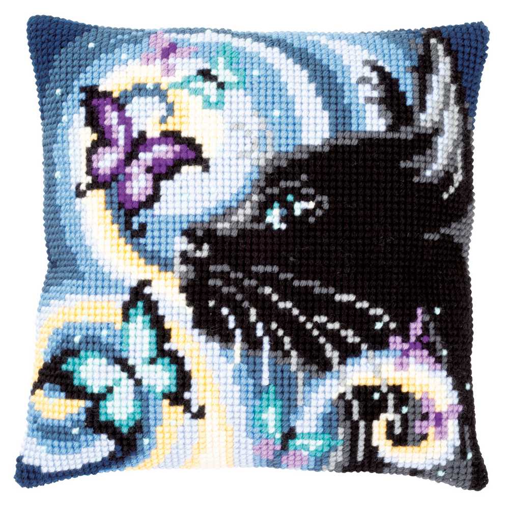 Vervaco Cross Stitch Cushion Kit - Cat with Butterflies