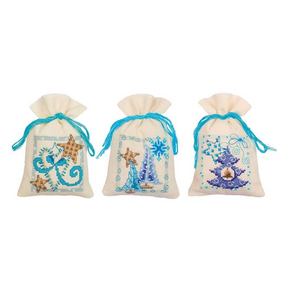 Vervaco Cross Stitch Kit - Blue Christmas Set of 3 Pot Pourri Bags