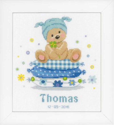 Bear On Pillow  Birth Sampler  Cross Stitch Kit Vervaco