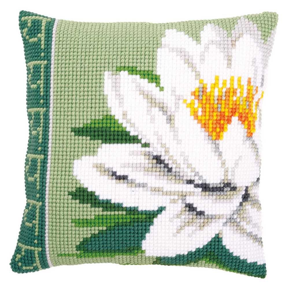 White Lotus Flower Cushion Front Cross Stitch Kit by Vervaco