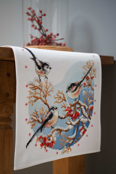 Long-Tailed Tits & Red Berries Table Runner Cross Stitch Kit Vervaco