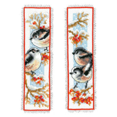 Long-Tailed Tits & Red Berries: Set of 2 Bookmark Cross Stitch Kit Vervaco