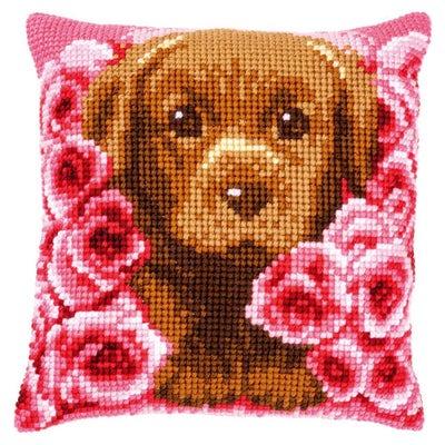 Vervaco Cross Stitch Cushion Kit - Puppy Between Roses