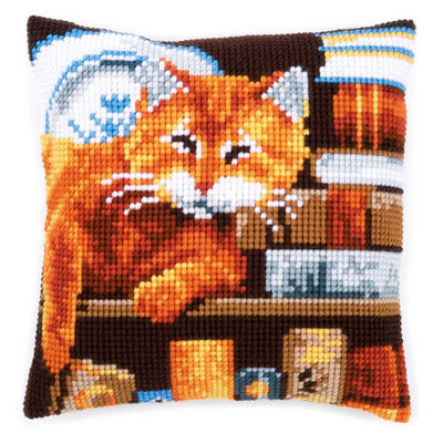 Cat and Books Cushion Front Cross Stitch Kit Vervaco