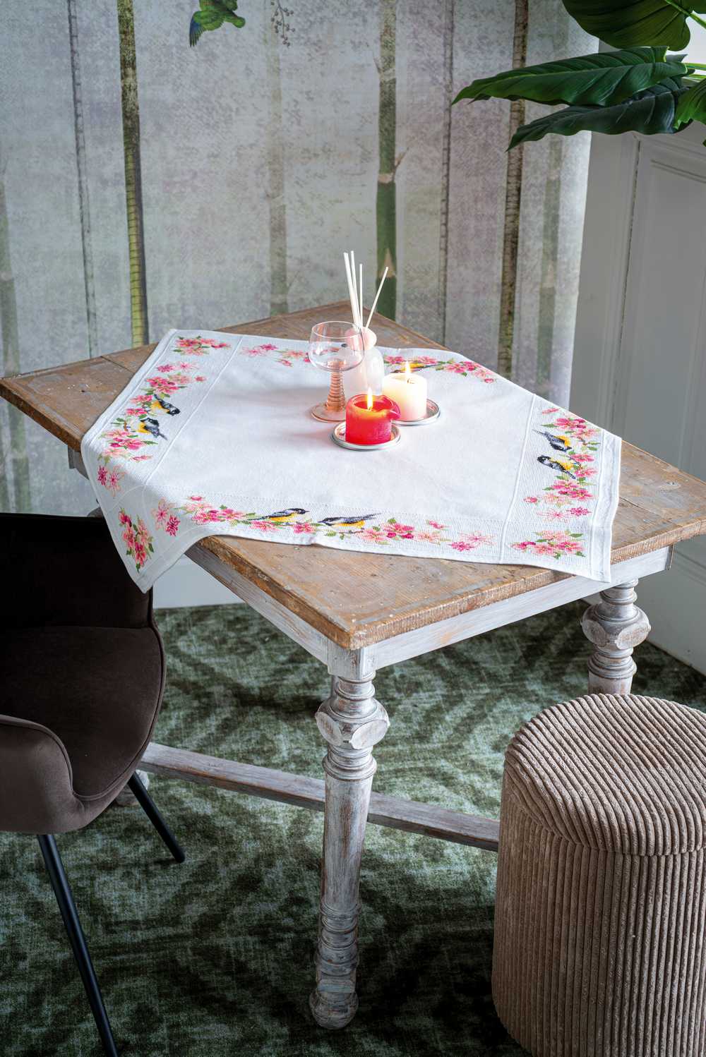 Vervaco Cross Stitch Tablecloth Kit -  Birds and Blossoms (Aida Border)