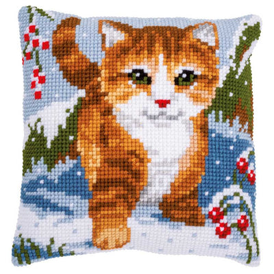 Cat in the Snow Cushion Cross Stitch Kit - Vervaco