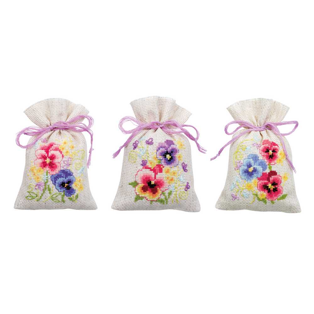 Violets Set of 3  Pot-Pourri Bag Cross Stitch Kit Vervaco