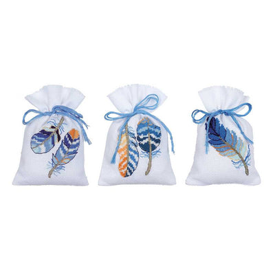 Vervaco Cross Stitch Kit - Blue Feathers Pk 3 Pot Pourri Bags Kit