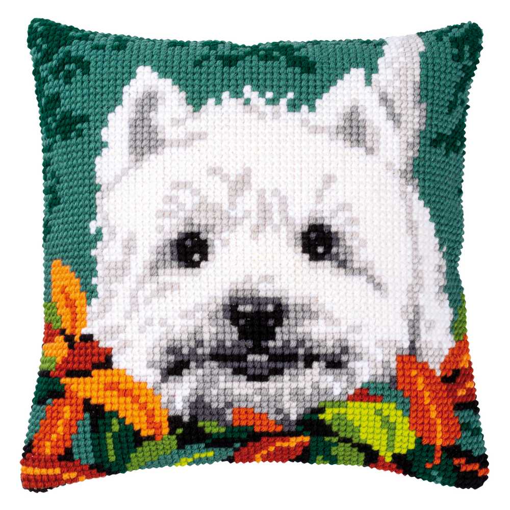 Vervaco Cross Stitch Cushion Kit - Westie between the Leaves