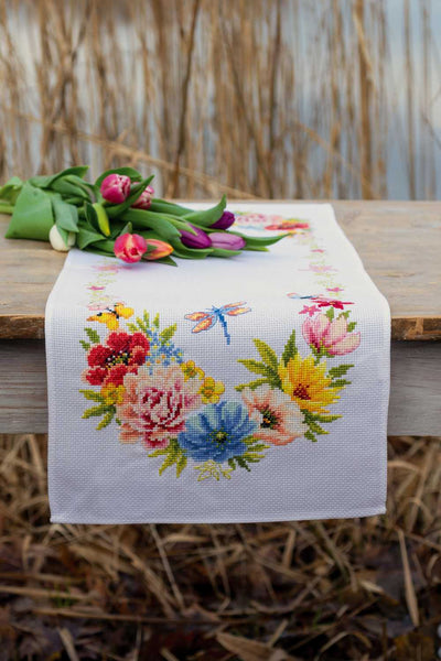 Colourful Flowers Table Runner Cross Stitch Kit Vervaco