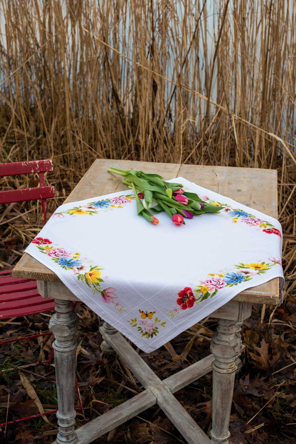 Colourful Flowers Tablecloth Cross Stitch Kit by Vervaco