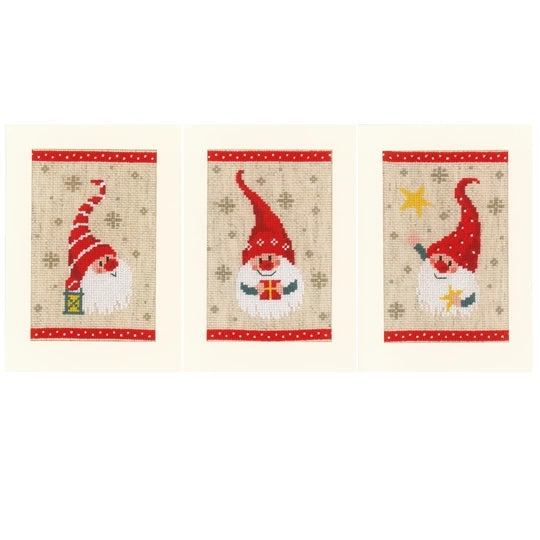 Christmas Star Gnomes Set 3 Cards Cross Stitch Kit Vervaco SALE