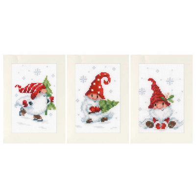 Christmas Gnomes Greetings Cards: Set of 3 Christmas Cross Stitch Kit Vervaco