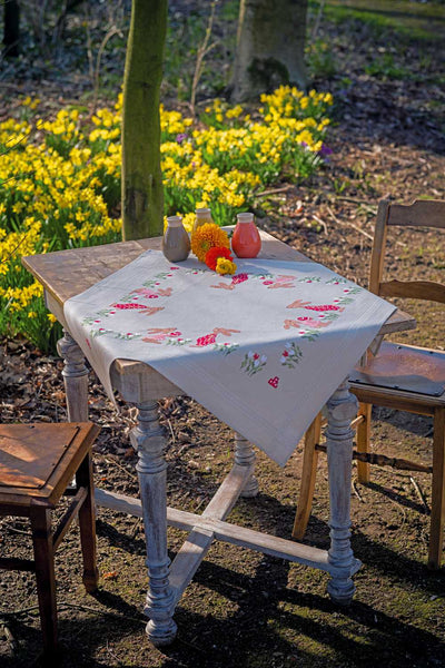 Vervaco Cross Stitch Kit - Easter Rabbits in Tulip Garden Tablecloth