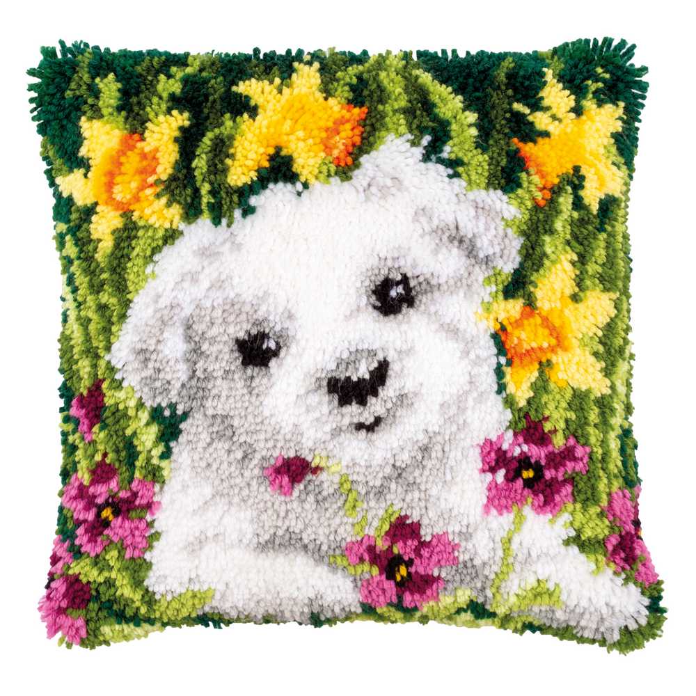 Vervaco Latch Hook Kit - Westie in Daffodils Cushion