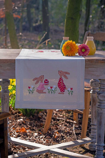 Vervaco Cross Stitch Kit - Easter Rabbits in Tulip Garden Table Runner