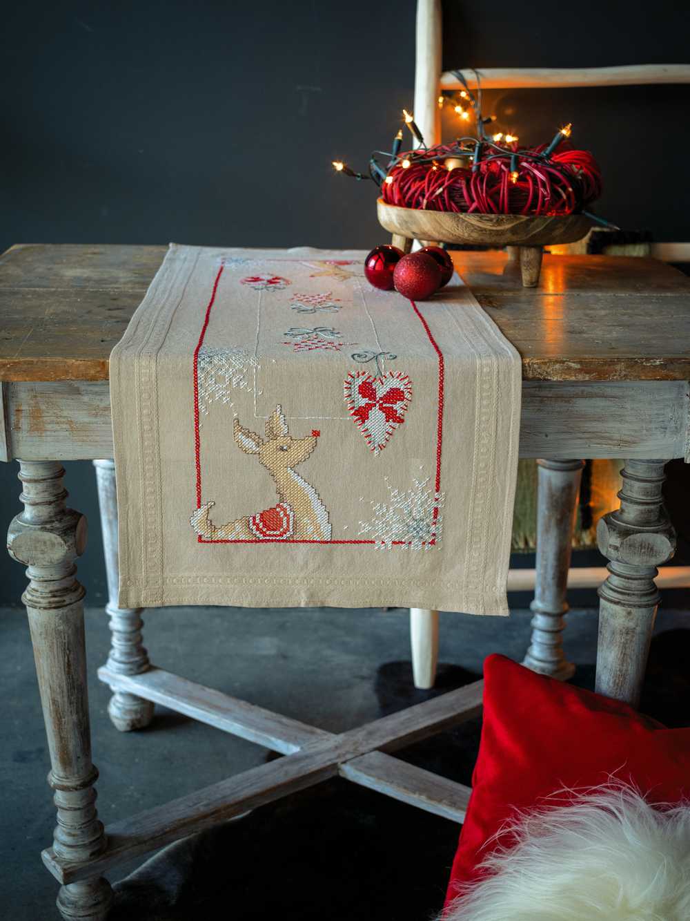 Reindeer in Christmas Spirit Table Runner Cross Stitch Kit - Vervaco