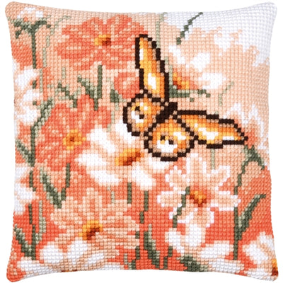 Butterfly and Flowers Orange Cushion Printed Cross Stitch Kit Vervaco