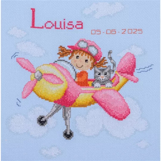 Pink Airplane Birth Sampler Cross Stitch Kit Vervaco
