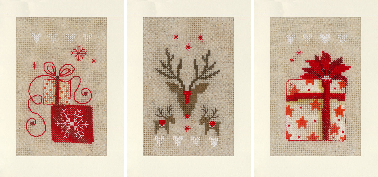 Christmas Reindeer & Gifts Set 3 Cards Cross Stitch Kit Vervaco