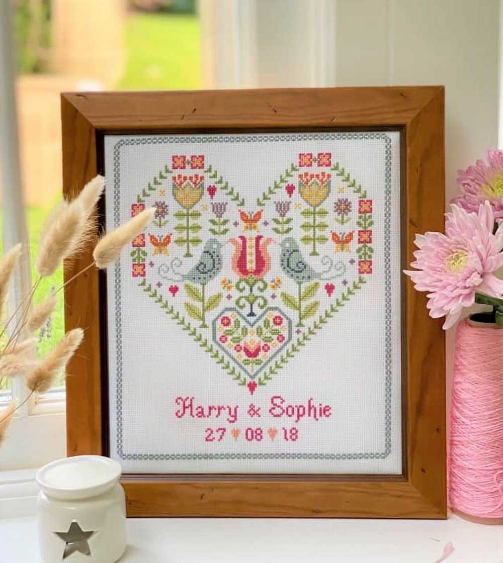 Scandi Heart Wedding Cross Stitch Kit Historical Sampler Co