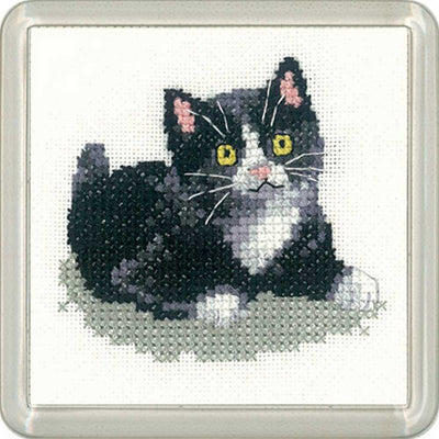 Black and White Kitten Coaster   Cross Stitch Coaster Kit Heritage Crafts
