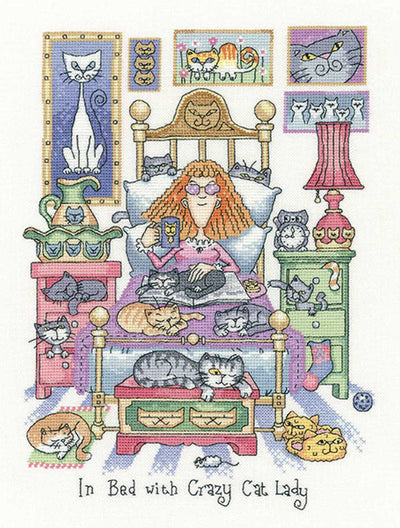 In Bed with Crazy Cat Lady Cats Rule  Cross Stitch Kit Heritage Crafts (Evenweave)